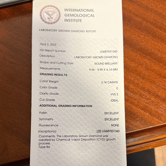 IGI Jewelry - IGI Certified 3.74 Carat Round Lab Diamond E VVS2 Ideal Cut